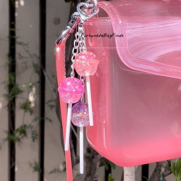 Cosmic Candy Cluster Glitter Iridescent Pink Purple Lollipop Bag Charm SILVER - Picture 1 of 11